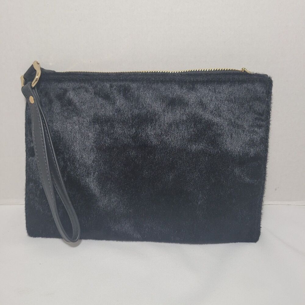 A New Day Black Faux Fur Wristlet Clutch Gold Tone Zip 9.5 x 6.5"
